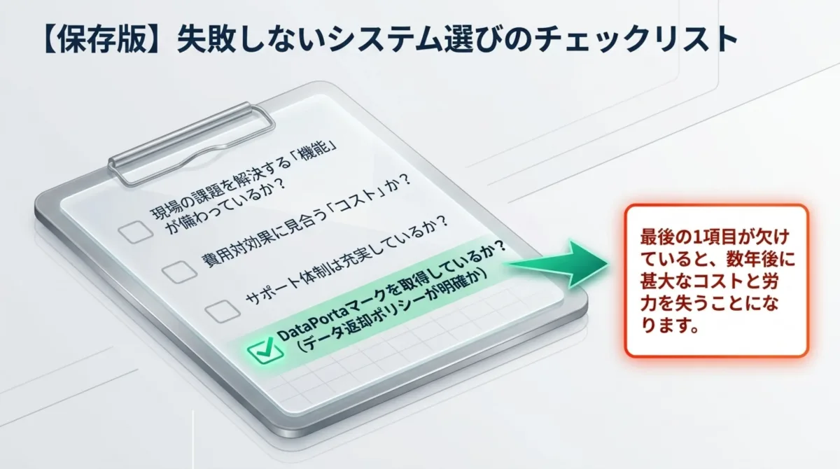保存版チェックリスト:現場の課題を解決する機能・費用対効果に見合うコスト・サポート体制・DataPortaマーク取得とデータ返却ポリシーの明確性