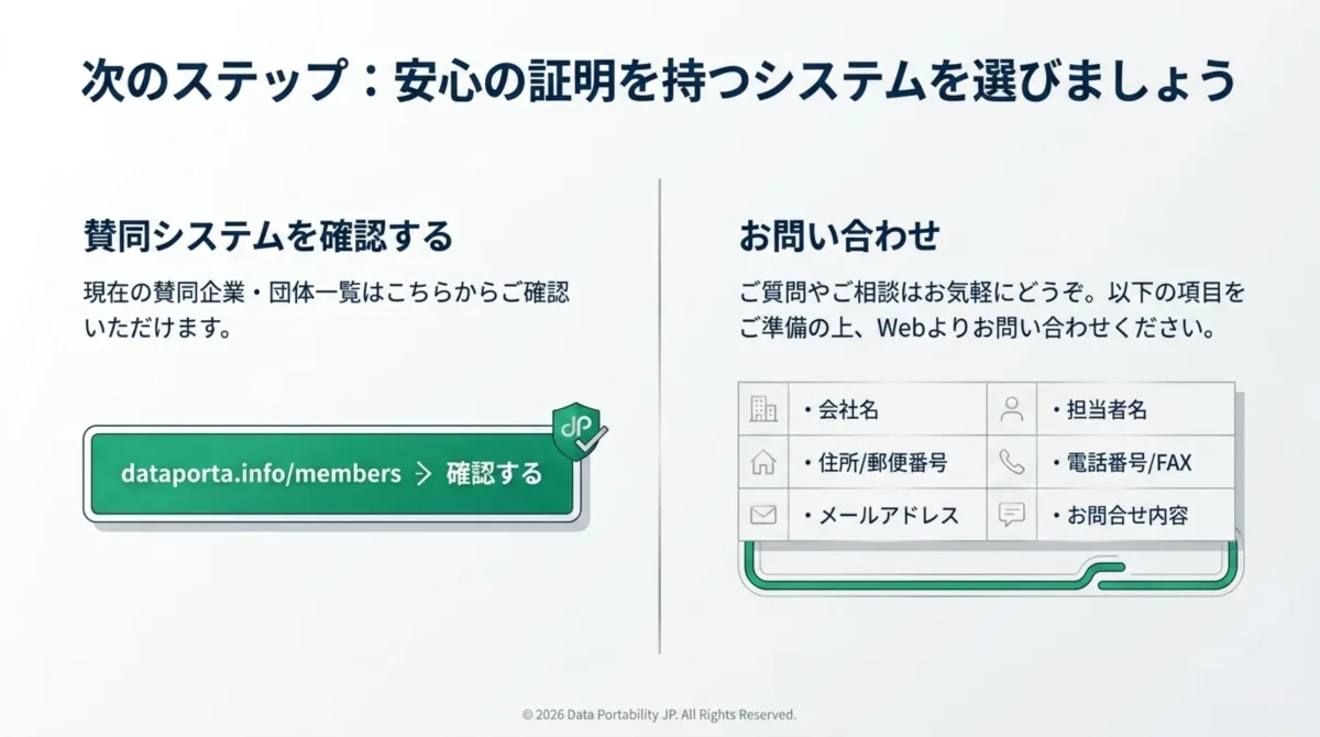 賛同システムの確認はdataporta.info/membersから。ご質問・ご相談は会社名・担当者名・住所・電話番号・メールアドレス・お問合せ内容をご準備の上Webよりお問い合わせください