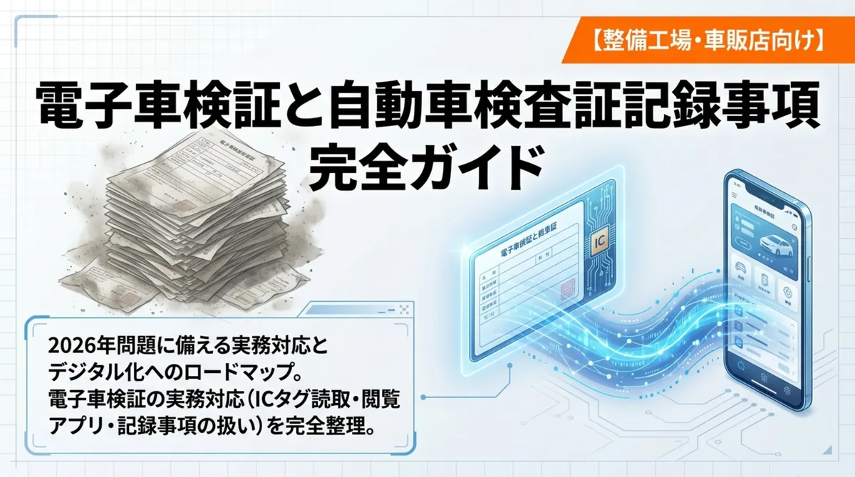 電子車検証と自動車検査証記録事項 完全ガイド【整備工場・車販店向け】2026年問題に備える実務対応とデジタル化へのロードマップ。電子車検証の実務対応(ICタグ読取・閲覧アプリ・記録事項の扱い)を完全整理