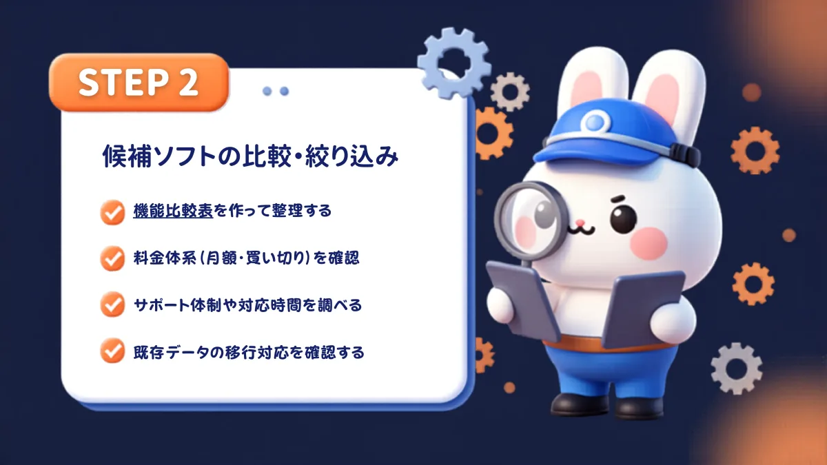 STEP2：機能比較表・料金体系・サポート・データ移行で候補ソフトを絞り込む