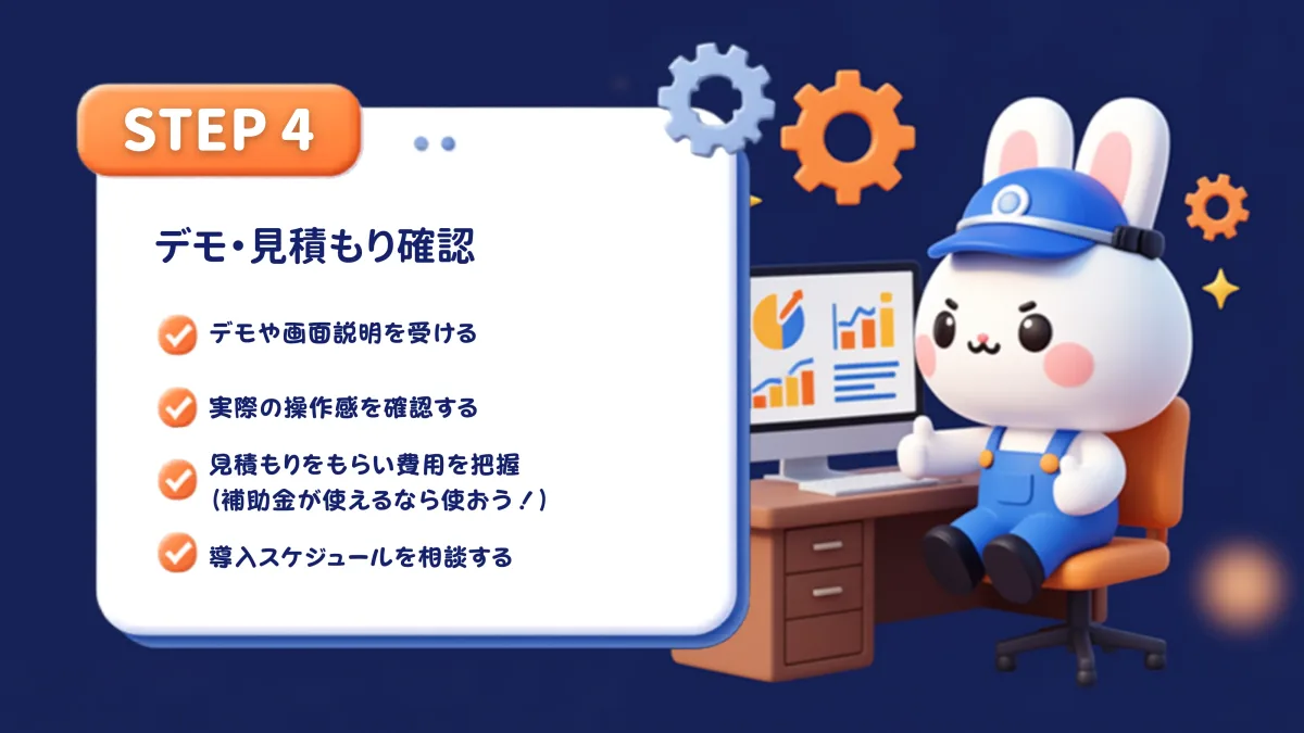 STEP4：デモで操作感を確認し、見積もり・補助金・導入スケジュールを相談する