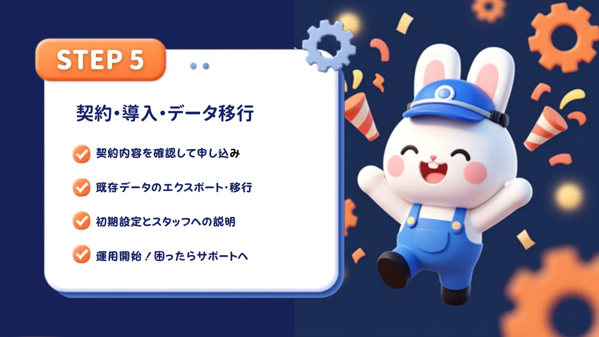 STEP5：契約・データ移行・初期設定・スタッフ説明を経て運用開始する