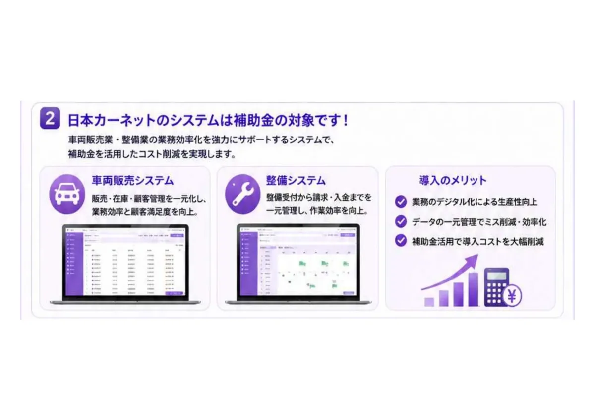 日本カーネットの車両販売システム・整備システムは補助金の対象。販売・在庫・顧客管理の一元化、整備受付から請求・入金までの一元管理、導入メリット
