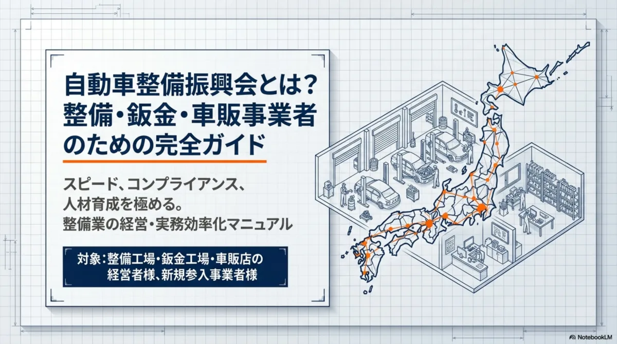 自動車整備振興会とは？整備・鈑金・車販事業者のための完全ガイド。スピード、コンプライアンス、人材育成を極める整備業の経営・実務効率化マニュアル。対象：整備工場・鈑金工場・車販店の経営者様、新規参入事業者様(全国の整備工場ネットワークを示す日本地図と整備工場のイラスト)
