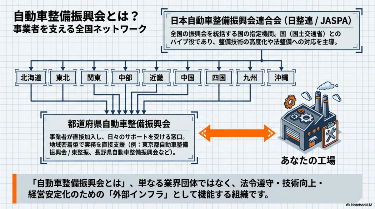 自動車整備振興会とは？事業者を支える全国ネットワークの組織図：日本自動車整備振興会連合会(日整連/JASPA)は全国の振興会を統括する国の指定機関で国土交通省とのパイプ役。北海道・東北・関東・中部・近畿・中国・四国・九州・沖縄の地方ブロックの下に、事業者が直接加入し日々のサポートを受ける窓口である都道府県自動車整備振興会(東整振、長野県自動車整備振興会など)があり、あなたの工場を地域密着型で直接支援する