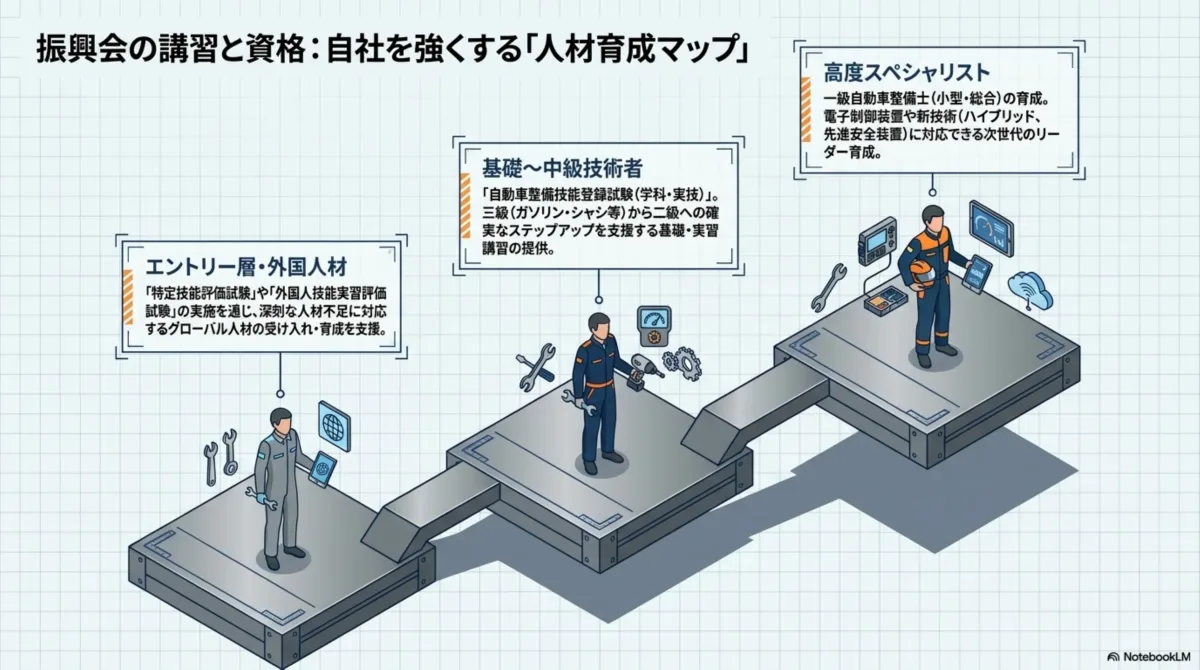 振興会の講習と資格・自社を強くする人材育成マップ3段階：エントリー層・外国人材(特定技能評価試験や外国人技能実習評価試験の実施を通じ、深刻な人材不足に対応するグローバル人材の受け入れ・育成を支援)→基礎〜中級技術者(自動車整備技能登録試験(学科・実技)。三級(ガソリン・シャシ等)から二級への確実なステップアップを支援する基礎・実習講習の提供)→高度スペシャリスト(一級自動車整備士(小型・総合)の育成。電子制御装置や新技術(ハイブリッド、先進安全装置)に対応できる次世代のリーダー育成)