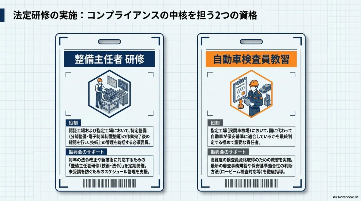 法定研修の実施・コンプライアンスの中核を担う2つの資格：整備主任者研修(役割：認証工場および指定工場において特定整備(分解整備・電子制御装置整備)の作業完了後の確認を行い技術上の管理を統括する必須要員。振興会のサポート：毎年の法令改正や新技術に対応するための整備主任者研修(技術・法令)を定期開催、未受講を防ぐためのスケジュール管理を支援)と自動車検査員教習(役割：指定工場(民間車検場)において国に代わって自動車が保安基準に適合しているかを最終判定する極めて重要な責任者。振興会のサポート：高難度の検査員資格取得のための教習を実施、最新の審査事務規程や保安基準適合性の判断方法(ロービーム検査対応等)を徹底指導)