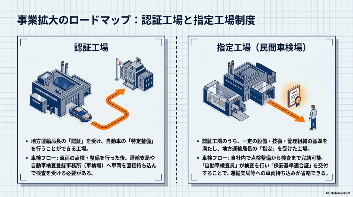 事業拡大のロードマップ・認証工場と指定工場制度の違い：認証工場は地方運輸局長の認証を受け自動車の特定整備を行うことができる工場で、車検フローは車両の点検・整備を行った後、運輸支局や自動車検査登録事務所(車検場)へ車両を直接持ち込んで検査を受ける必要がある。指定工場(民間車検場)は認証工場のうち一定の設備・技術・管理組織の基準を満たし地方運輸局長の指定を受けた工場で、車検フローは自社内で点検整備から検査まで完結可能。自動車検査員が検査を行い保安基準適合証を交付することで運輸支局等への車両持ち込みが省略できる