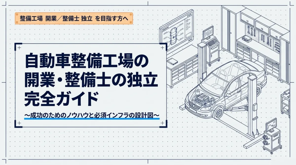 自動車整備工場の開業・整備士の独立 完全ガイド〜成功のためのノウハウと必須インフラの設計図〜。整備工場 開業／整備士 独立を目指す方へ(リフトアップされた車両と診断機器のある整備工場の設計図イメージ)
