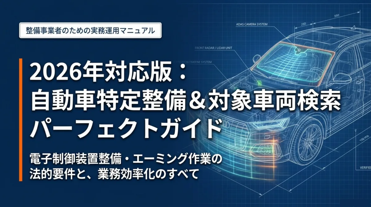 2026年対応版：自動車特定整備＆対象車両検索パーフェクトガイド。整備事業者のための実務運用マニュアル。電子制御装置整備・エーミング作業の法的要件と業務効率化のすべて(ADASカメラシステム・フロントレーダー/LiDARユニットの設計図イメージ)