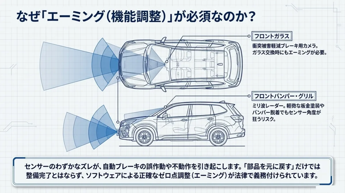 なぜエーミング(機能調整)が必須なのか：フロントガラスの衝突被害軽減ブレーキ用カメラはガラス交換時にもエーミングが必要。フロントバンパー・グリルのミリ波レーダーは軽微な板金塗装やバンパー脱着でもセンサー角度が狂うリスク