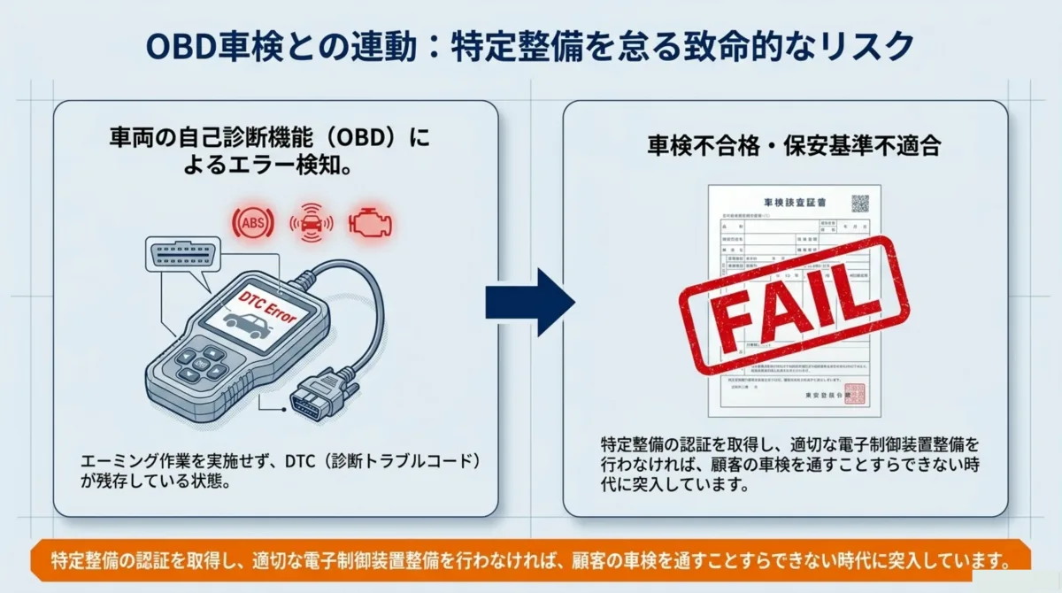 OBD車検との連動リスク：車両の自己診断機能(OBD)によるエラー検知。エーミング作業を実施せずDTC(診断トラブルコード)が残存している状態だと、車検不合格・保安基準不適合(FAIL)になる