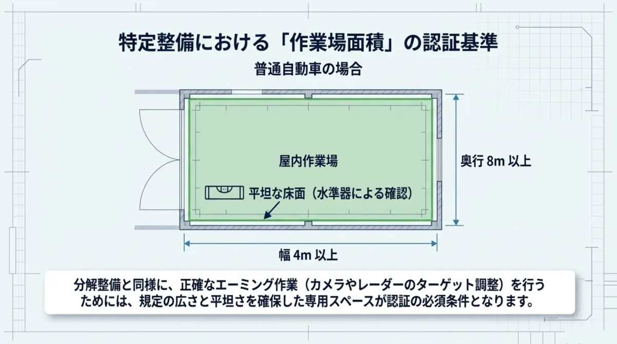 特定整備における作業場面積の認証基準(普通自動車の場合)：屋内作業場は幅4m以上×奥行8m以上、平坦な床面(水準器による確認)が必要
