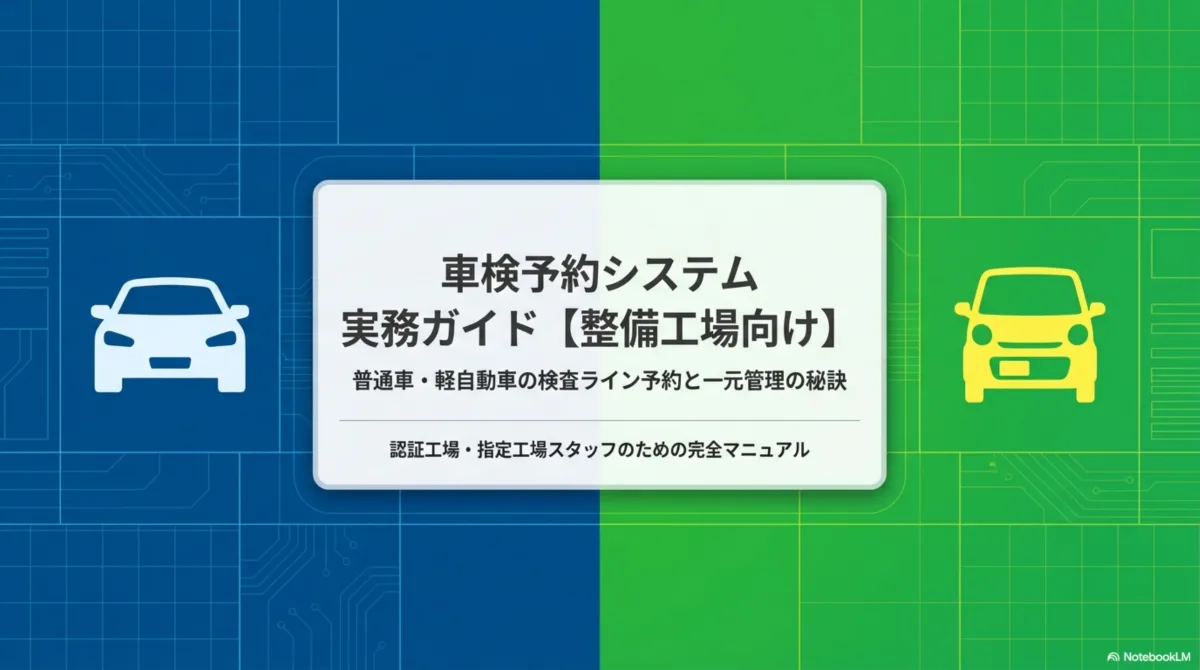 車検予約システム実務ガイド【整備工場向け】普通車・軽自動車の検査ライン予約と一元管理の秘訣。認証工場・指定工場スタッフのための完全マニュアル（青＝普通車、緑＝軽自動車のツートーン表紙）
