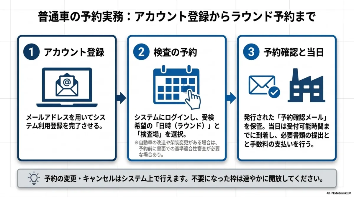 普通車の予約実務3ステップ：①アカウント登録＝メールアドレスを用いてシステム利用登録を完了させる。②検査の予約＝システムにログインし受検希望の日時（ラウンド）と検査場を選択（自動車の改造や架装変更がある場合は予約前に書面での基準適合性審査が必要な場合あり）。③予約確認と当日＝発行された予約確認メールを保管し当日は受付可能時間までに到着し必要書類の提出と手数料の支払いを行う。予約の変更・キャンセルはシステム上で行え、不要になった枠は速やかに開放する