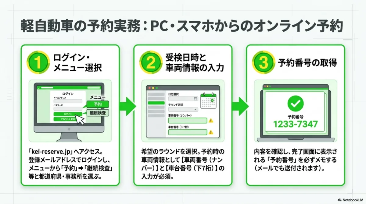 軽自動車の予約実務：PC・スマホからのオンライン予約3ステップ。①ログイン・メニュー選択＝kei-reserve.jpへアクセスし登録メールアドレスでログイン、メニューから予約→継続検査等と都道府県・事務所を選ぶ。②受検日時と車両情報の入力＝希望のラウンドを選択し予約時の車両情報として車両番号（ナンバー）と車台番号（下7桁）の入力が必須。③予約番号の取得＝内容を確認し完了画面に表示される予約番号を必ずメモする（メールでも送付される）