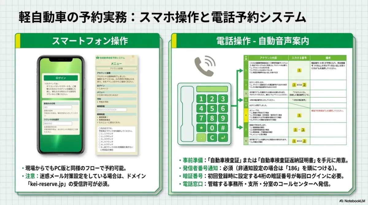 軽自動車の予約実務：スマホ操作と電話予約システム。スマートフォン操作＝現場からでもPC版と同様のフローで予約可能、迷惑メール対策設定をしている場合はドメインkei-reserve.jpの受信許可が必要。電話操作（自動音声案内）＝事前準備として自動車検査証または自動車検査証返納証明書を手元に用意、発信者番号通知は必須（非通知設定の場合は186を頭につける）、初回登録時に設定する4桁の暗証番号が毎回ログインに必要、電話窓口は管轄する事務所・支所・分室のコールセンターへ発信