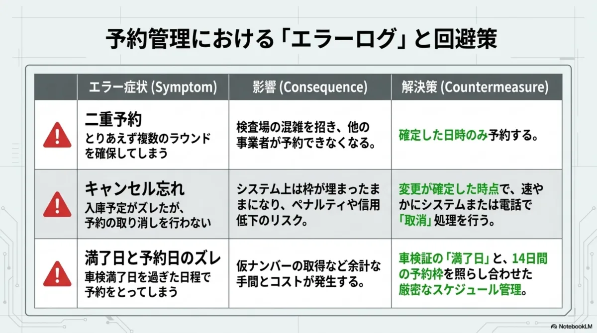 予約管理におけるエラーログと回避策の一覧表。①二重予約（とりあえず複数のラウンドを確保してしまう）→検査場の混雑を招き他の事業者が予約できなくなる→確定した日時のみ予約する。②キャンセル忘れ（入庫予定がズレたが予約の取り消しを行わない）→システム上は枠が埋まったままになりペナルティや信用低下のリスク→変更が確定した時点で速やかにシステムまたは電話で取消処理を行う。③満了日と予約日のズレ（車検満了日を過ぎた日程で予約をとってしまう）→仮ナンバーの取得など余計な手間とコストが発生する→車検証の満了日と14日間の予約枠を照らし合わせた厳密なスケジュール管理