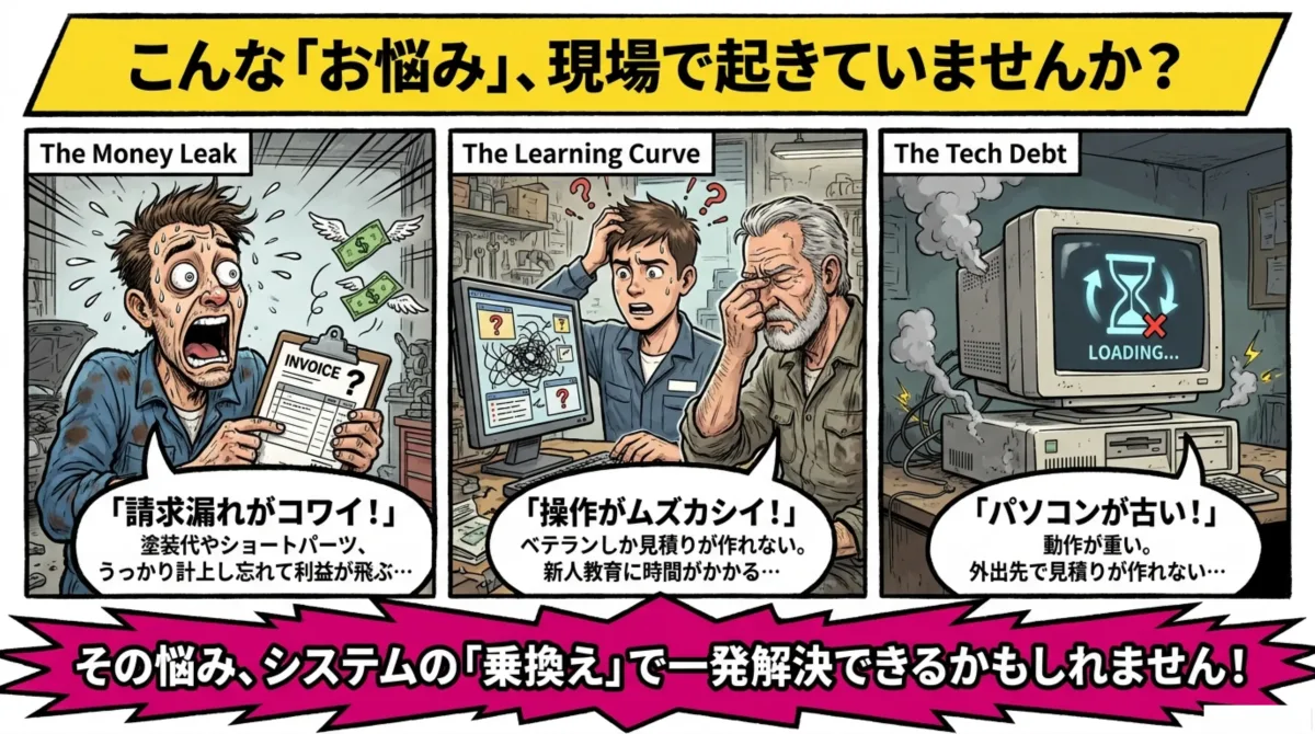 鈑金工場でよくある3つの悩み:請求漏れ(The Money Leak)・操作が難しい(The Learning Curve)・パソコンが古い(The Tech Debt)