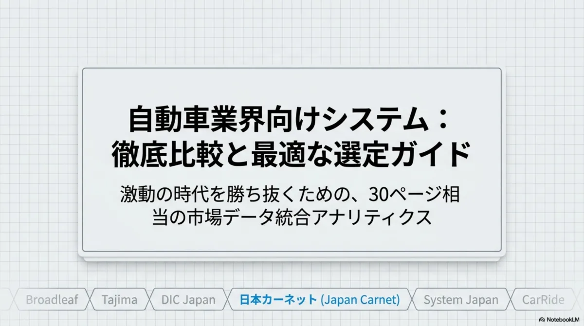 自動車業界向けシステム徹底比較ガイド — Broadleaf / Tajima / DIC Japan / 日本カーネット(Japan Carnet) / System Japan / CarRideの主要ベンダー比較タイトルページ