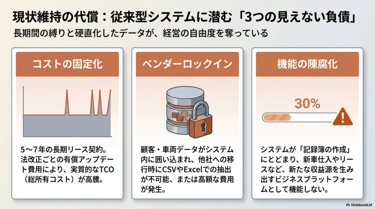 従来型システムの3つの見えない負債 — コストの固定化(5〜7年長期リース)、ベンダーロックイン(データが囲い込まれる)、機能の陳腐化(30%しか活用されない)