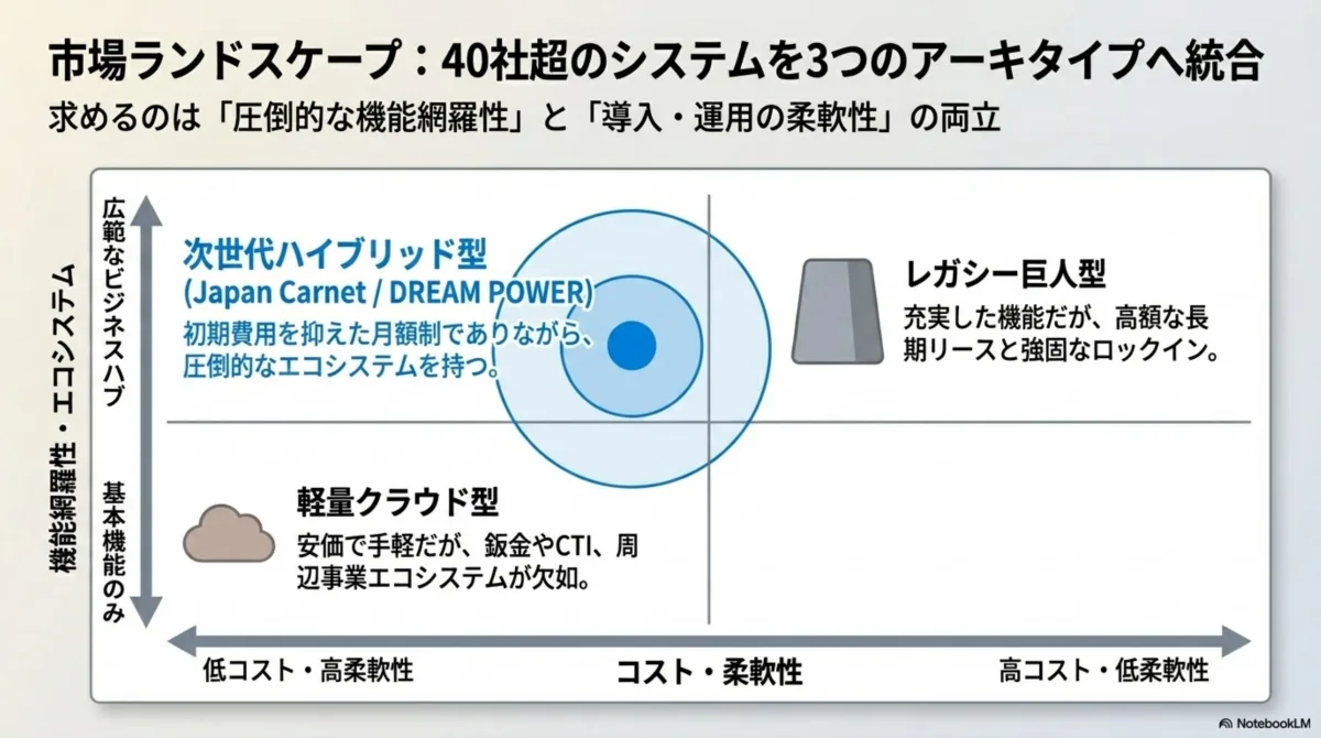 3つのアーキタイプ象限図 — レガシー巨人型(高機能だが高コスト・ロックイン)、軽量クラウド型(安価だが機能限定)、次世代ハイブリッド型(Japan Carnet / DREAM POWER)