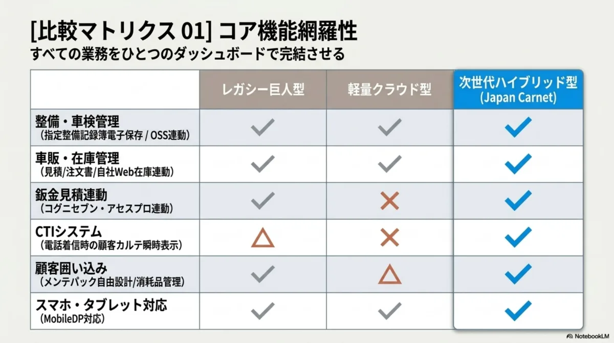 比較マトリクス01 コア機能網羅性 — 整備・車検管理、車販・在庫、鈑金見積連動、CTIシステム、顧客囲い込み、スマホ・タブレット対応をすべて満たすのは次世代ハイブリッド型(Japan Carnet)のみ