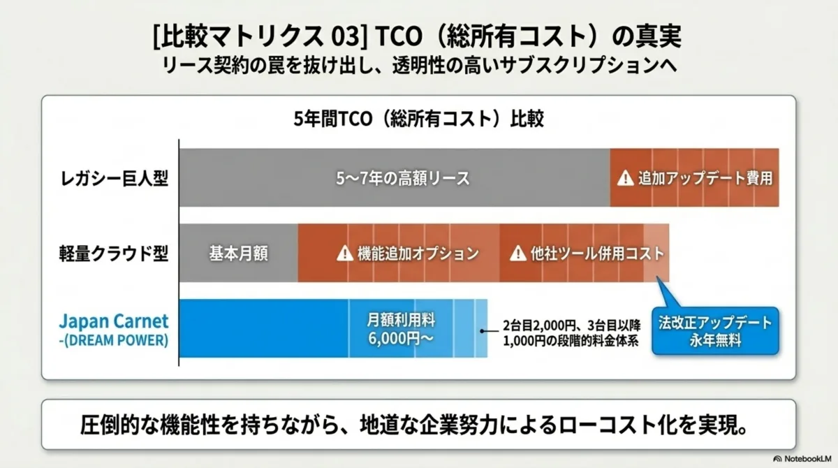 比較マトリクス03 TCO真実 — 5年間の総所有コスト比較。レガシー巨人型は5〜7年高額リース+追加アップデート費用、軽量クラウド型は機能追加オプションと他社ツール併用コスト、Japan Carnetは月額6,000円〜+法改正アップデート永年無料