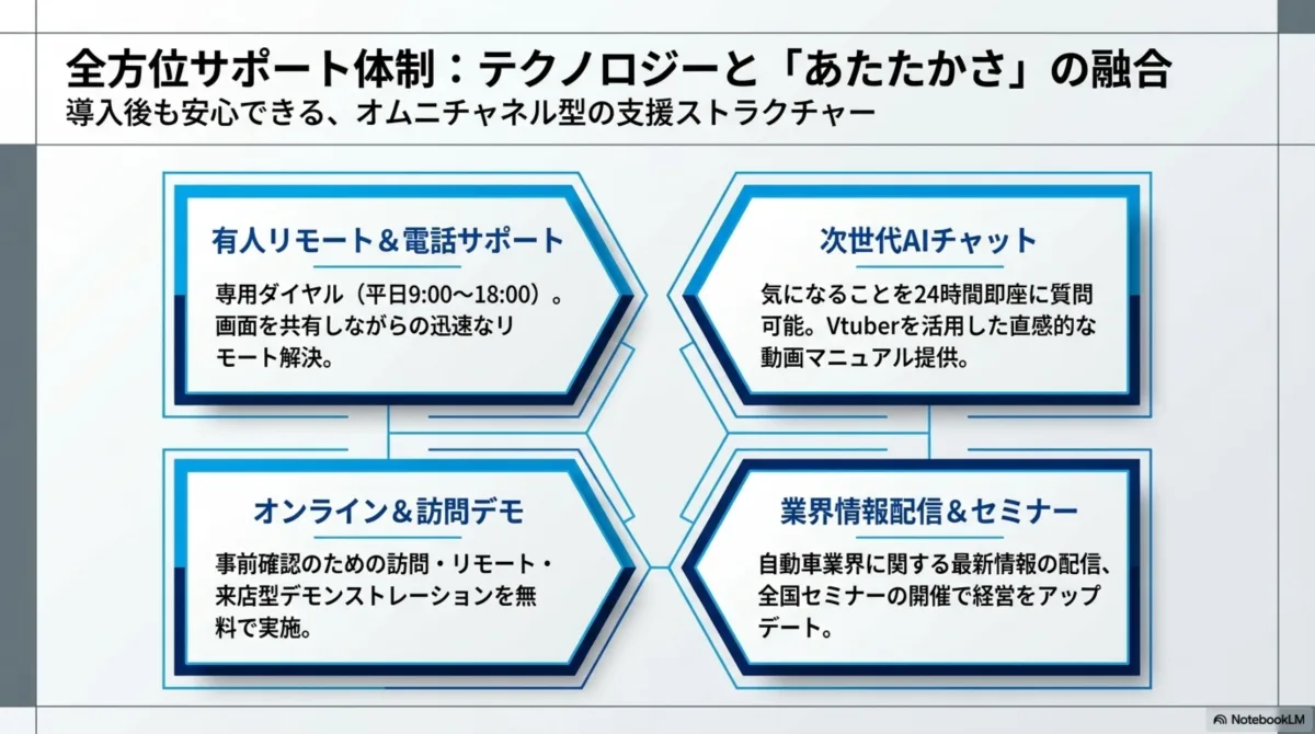 サポート4本柱 — 有人リモート+電話サポート(平日9-18時専用ダイヤル)、24時間対応の次世代AIチャット、無料オンライン+訪問デモ、業界情報配信+全国セミナー