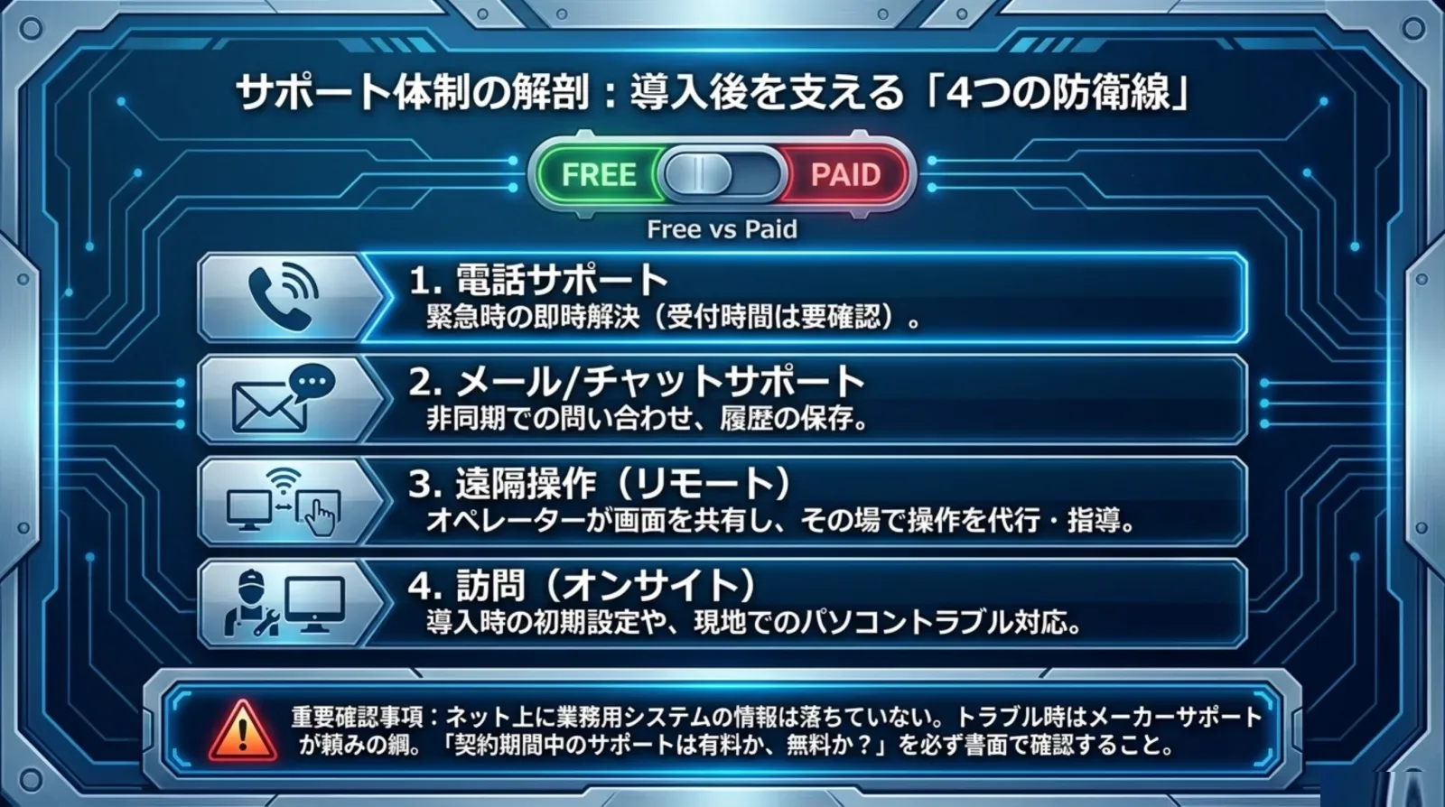 サポート4種類 電話・メール/チャット・遠隔操作(リモート)・訪問(オンサイト)