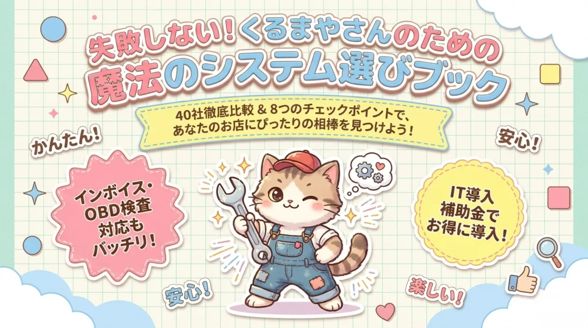 失敗しない！くるまやさんのための魔法のシステム選びブック 表紙 - 40社徹底比較と8つのチェックポイントで自動車整備工場にぴったりの業務システムを見つけるガイド