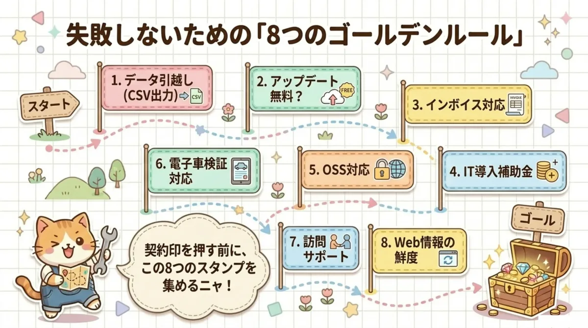 システム選びで失敗しないための8つのゴールデンルール一覧 - (1)データCSV出力、(2)アップデート無料、(3)インボイス対応、(4)IT導入補助金、(5)OSS対応、(6)電子車検証対応、(7)訪問サポート、(8)Web情報の鮮度