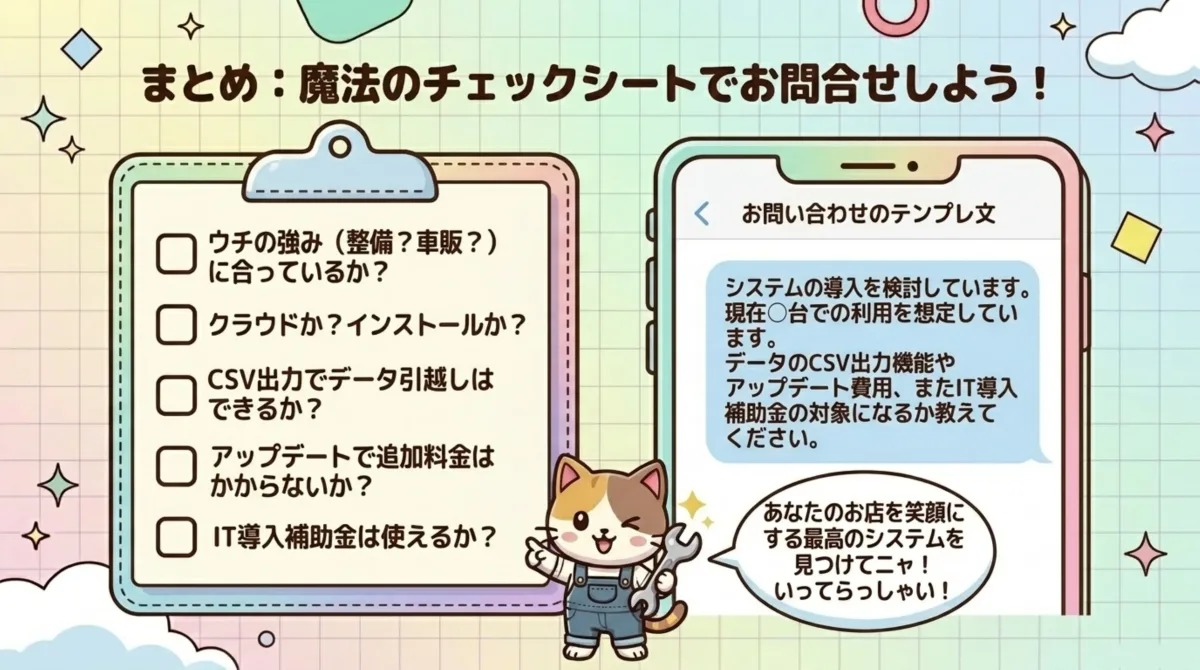 まとめ 問い合わせ前チェックシートとテンプレート文 - チェック項目:ウチの強み(整備?車販?)に合っているか、クラウドかインストールか、CSV出力でデータ引越しできるか、アップデートで追加料金はかからないか、IT導入補助金は使えるか。問い合わせテンプレ文:システム導入を検討しています、現在○台での利用想定、データのCSV出力機能やアップデート費用、IT導入補助金の対象になるか教えてください