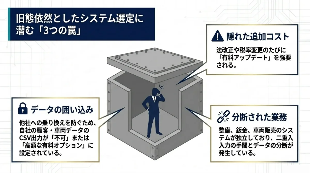 旧態依然としたシステム選定に潜む3つの罠：隠れた追加コスト・データの囲い込み・分断された業務