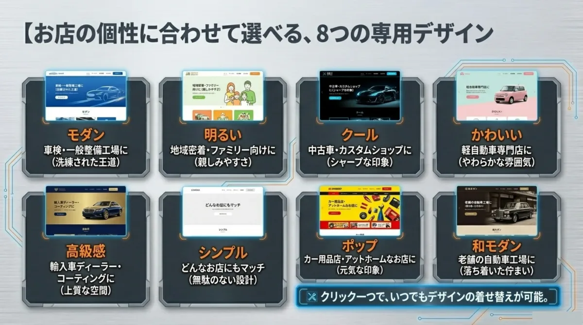 CAR-X-WEBの8つの専用デザインテンプレート。モダン・明るい・クール・かわいい・高級感・シンプル・ポップ・和モダン。クリック一つでいつでもデザインの着せ替えが可能。
