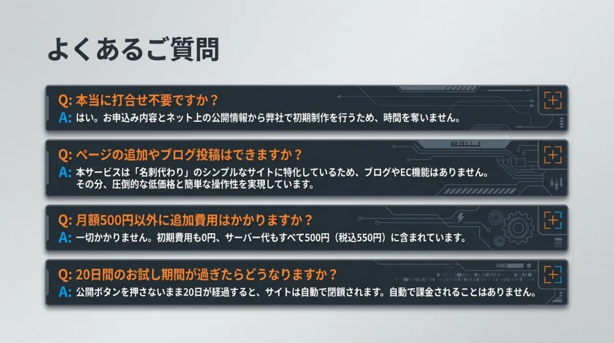 CAR-X-WEBのよくあるご質問。打合せ不要か、ページ追加やブログ投稿の可否、月額500円以外の追加費用、20日間お試し期間が過ぎた場合について。