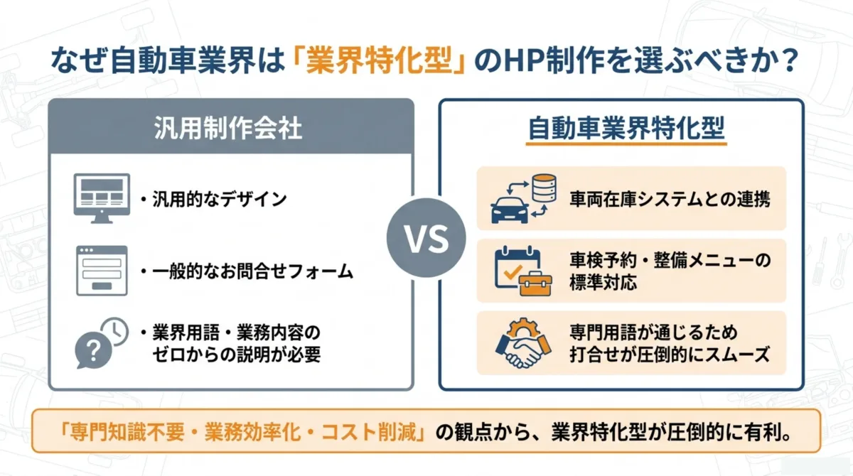 なぜ自動車業界は「業界特化型」のHP制作を選ぶべきか？汎用制作会社と自動車業界特化型の比較