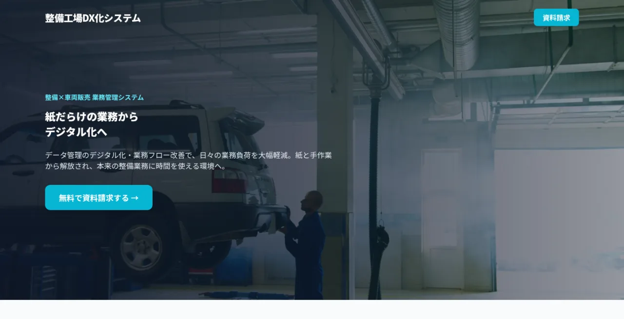 整備工場DX化システム|整備×車両販売 業務管理システム。紙だらけの業務からデジタル化へ。データ管理のデジタル化・業務フロー改善で日々の業務負荷を大幅軽減。