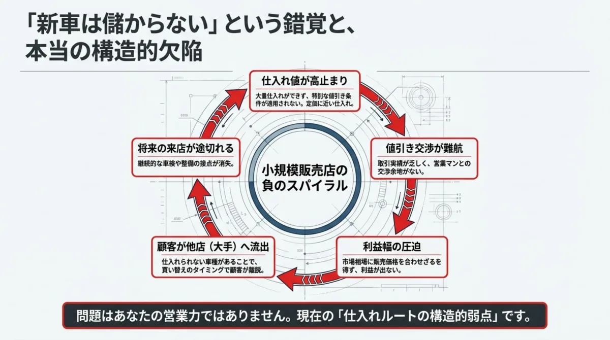 小規模販売店の負のスパイラル：仕入れ値が高止まり→値引き交渉が難航→利益幅の圧迫→顧客が大手へ流出→将来の来店が途切れる、という4段階の構造図