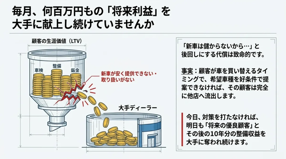 顧客の生涯価値（LTV）図解：車検・整備・鈑金で積み上がる将来利益が、新車を提供できないことで割れたじょうごから大手ディーラーへ流出している様子