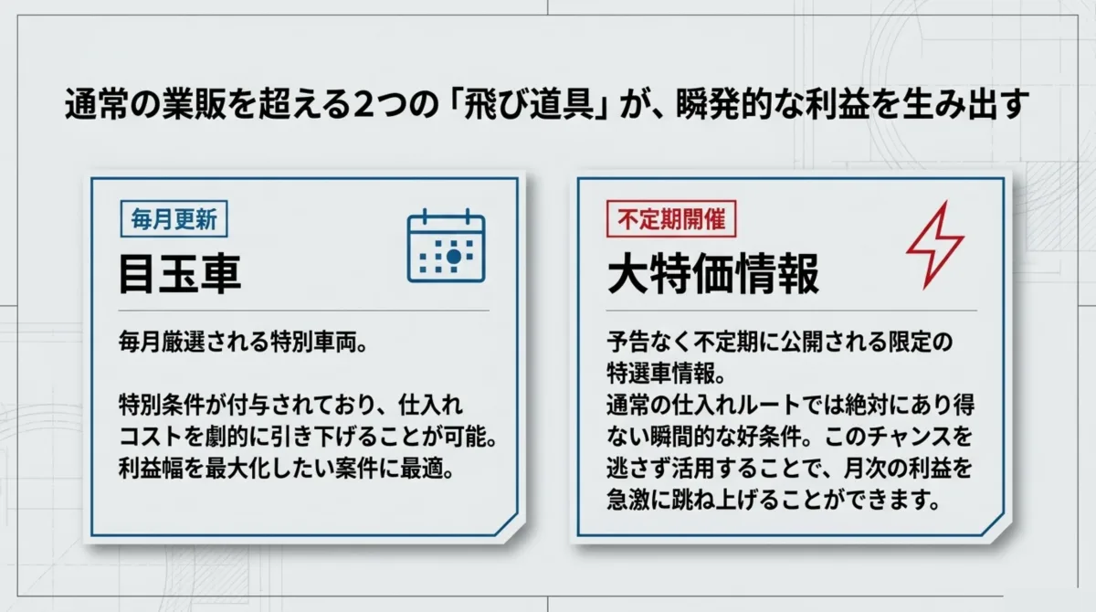 目玉車（毎月更新）と大特価情報（不定期開催）の2つの飛び道具の解説図