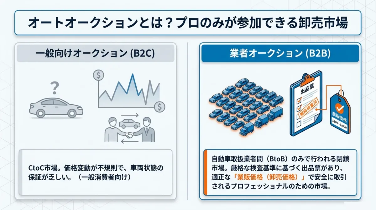 オートオークションとは？プロのみが参加できる卸売市場：一般向けオークション(B2C)はCtoC市場で価格変動が不規則・車両状態の保証が乏しい。業者オークション(B2B)は自動車取扱業者間のみで行われる閉鎖市場で、厳格な検査基準に基づく出品票があり、適正な業販価格(卸売価格)で安全に取引されるプロフェッショナルのための市場