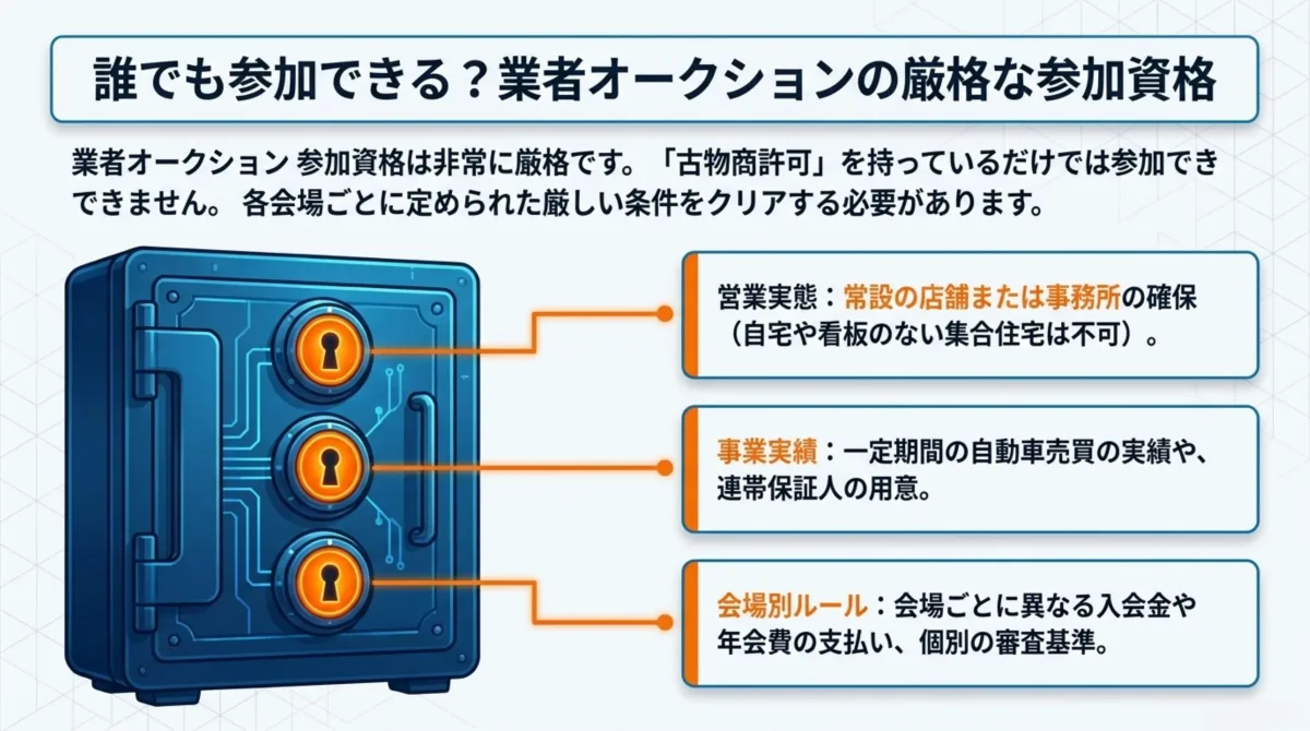 業者オークションの厳格な参加資格：営業実態(常設の店舗または事務所の確保、自宅や看板のない集合住宅は不可)、事業実績(一定期間の自動車売買の実績や連帯保証人の用意)、会場別ルール(会場ごとに異なる入会金や年会費の支払い、個別の審査基準)の3つの鍵