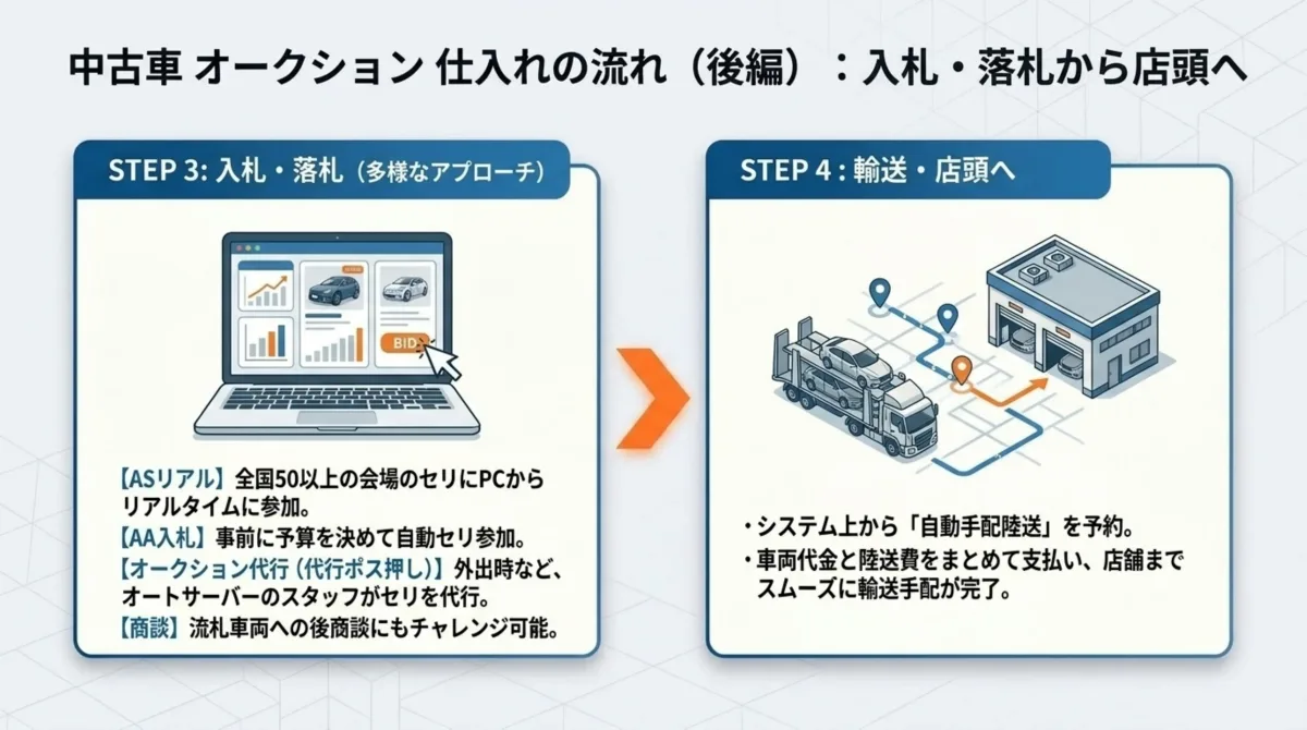 中古車オークション仕入れの流れ後編：STEP3 入札・落札(多様なアプローチ)ではASリアル(全国50以上の会場のセリにPCからリアルタイム参加)、AA入札(事前に予算を決めて自動セリ参加)、オークション代行・代行ポス押し(外出時などオートサーバーのスタッフがセリを代行)、商談(流札車両への後商談にもチャレンジ可能)。STEP4 輸送・店頭へではシステム上から自動手配陸送を予約、車両代金と陸送費をまとめて支払い店舗までスムーズに輸送手配が完了