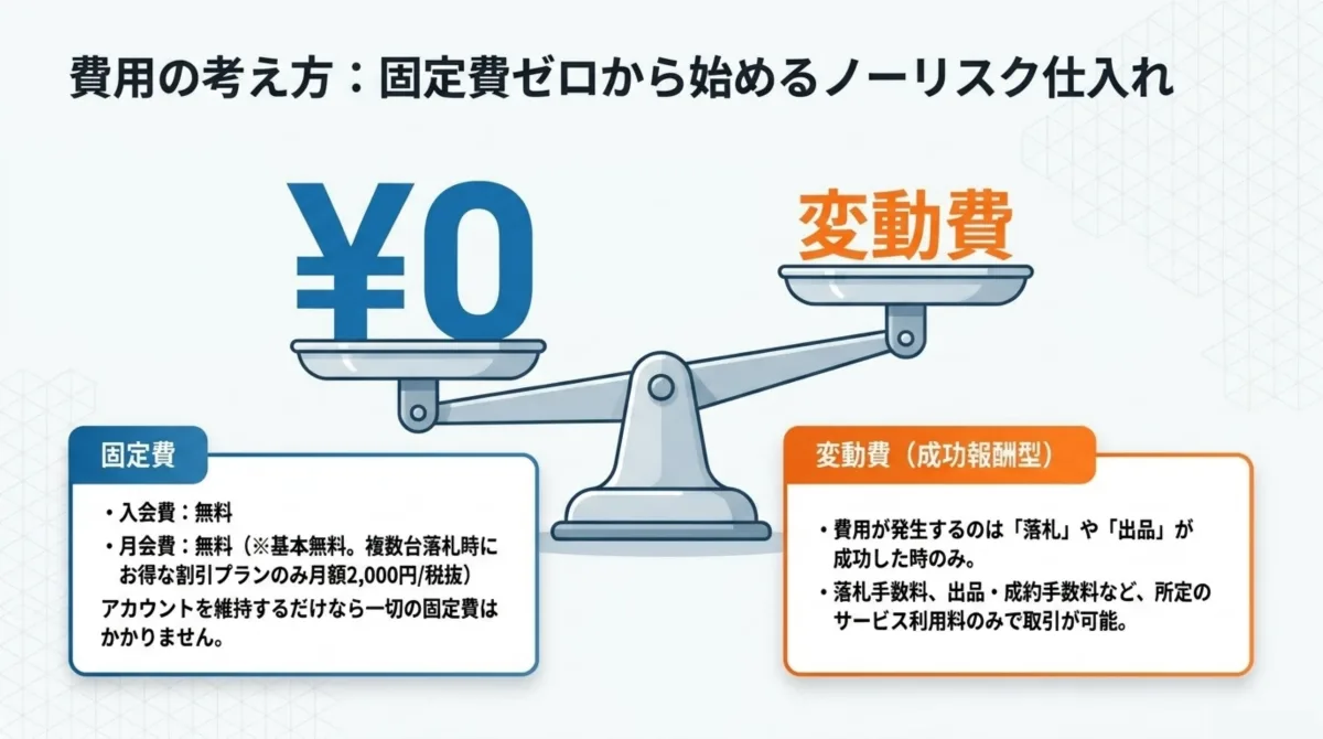 費用の考え方（天秤の図）：固定費は入会費無料・月会費無料(基本無料、複数台落札時にお得な割引プランのみ月額2,000円/税抜)でアカウントを維持するだけなら一切の固定費はかからない。変動費(成功報酬型)は費用が発生するのは落札や出品が成功した時のみで、落札手数料・出品・成約手数料など所定のサービス利用料のみで取引が可能
