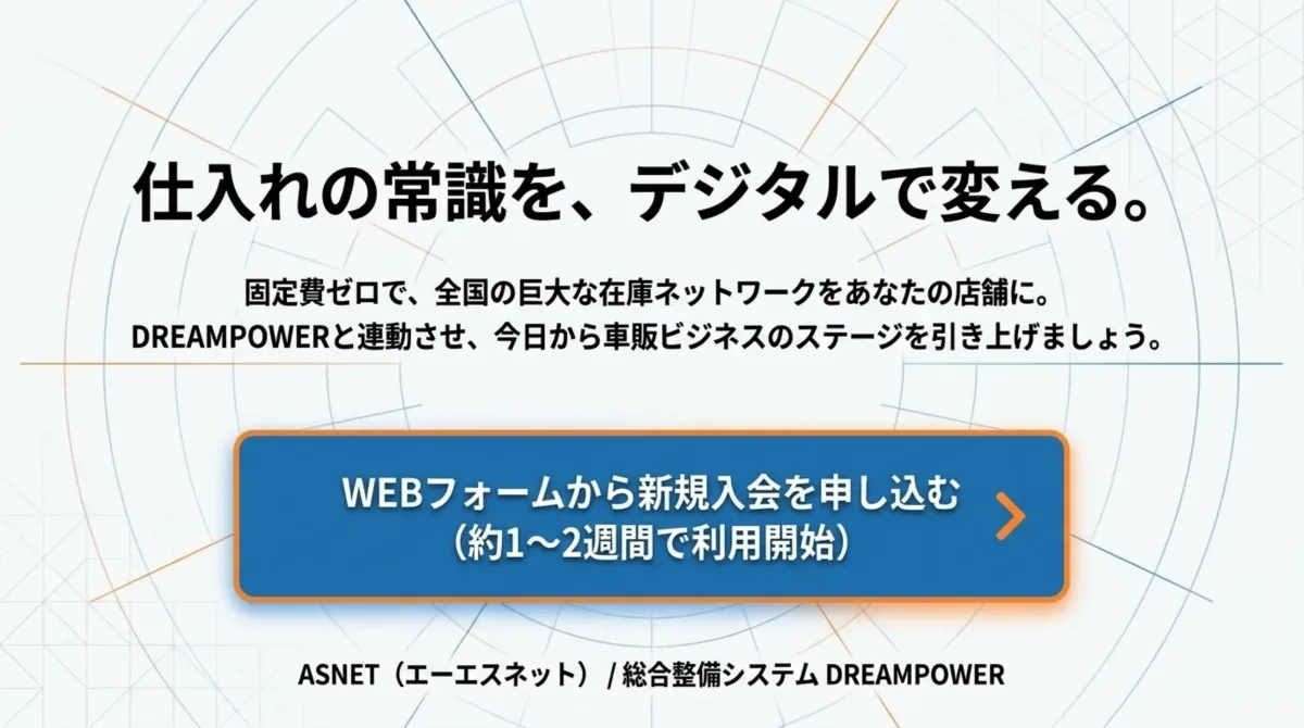 仕入れの常識を、デジタルで変える。固定費ゼロで全国の巨大な在庫ネットワークをあなたの店舗に。DREAMPOWERと連動させ今日から車販ビジネスのステージを引き上げる。WEBフォームから新規入会を申し込む(約1〜2週間で利用開始)。ASNET(エーエスネット)/総合整備システムDREAMPOWER
