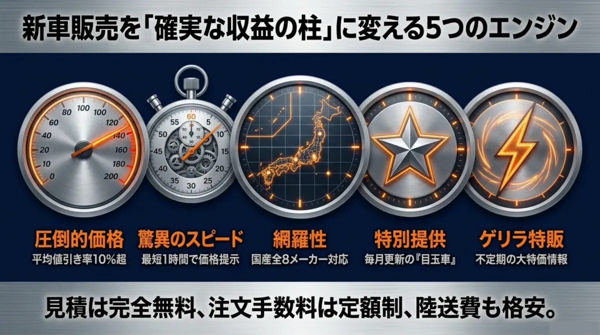 新車販売を確実な収益の柱に変える5つのエンジン: 圧倒的価格(平均値引き率10%超)・驚異のスピード(最短1時間で価格提示)・網羅性(国産全8メーカー対応)・特別提供(毎月更新の目玉車)・ゲリラ特販(不定期の大特価情報)