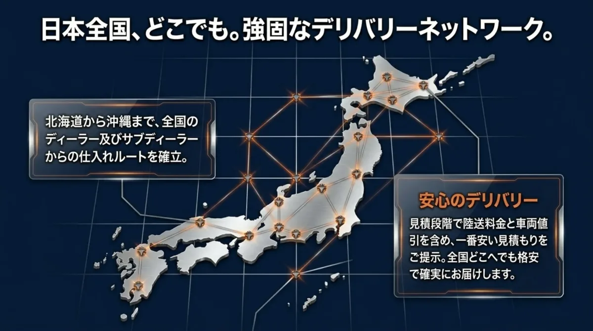日本全国どこでも。強固なデリバリーネットワーク。北海道から沖縄まで全国のディーラー及びサブディーラーからの仕入れルートを確立。陸送料金と車両値引を含め一番安い見積を提示