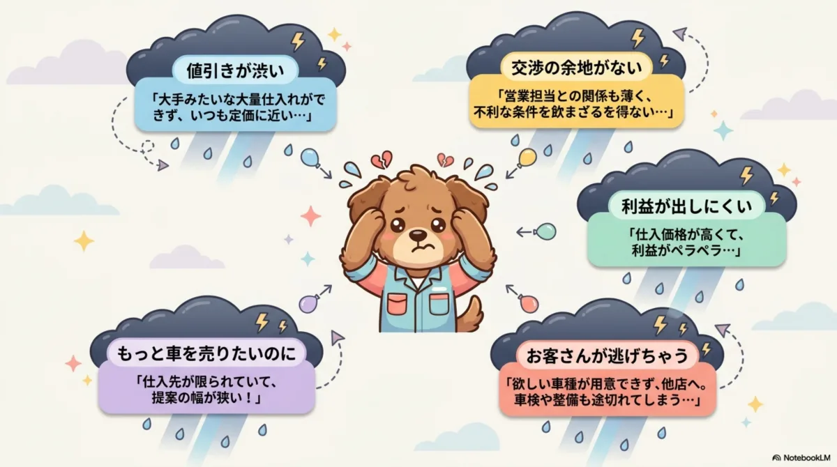 新車仕入れの悩み：値引きが渋い、交渉の余地がない、利益が出しにくい、もっと車を売りたい、お客さんが逃げてしまう。