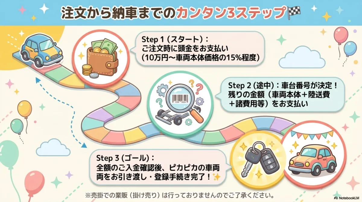 注文から納車までのカンタン3ステップ。Step1注文時に頭金を支払い(10万円〜車両本体価格の15%程度)。Step2車台番号が決定し残りの金額(車両本体＋陸送費＋諸費用等)を支払い。Step3全額入金確認後に車両を引き渡し・登録手続き完了。売掛での業販(掛け売り)は不可。